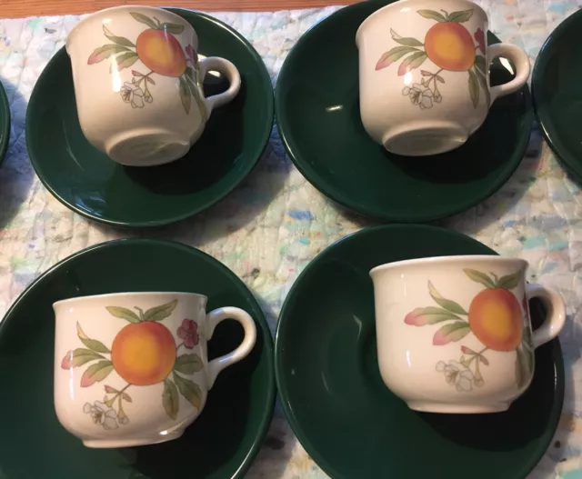 Small Coffee set of four cups and saucers Pottery - Cloverleaf- Peach, green