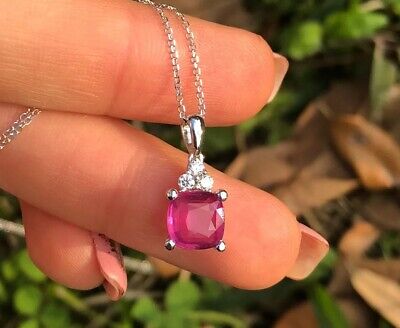 Natural Ruby GIA Certified Diamond Pendant Necklace Cushion Cut 14K White Gold