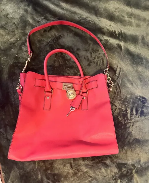 Michael Kors Hamilton Large Watermelon Red Gold Saffiano Leather Tote Bag !