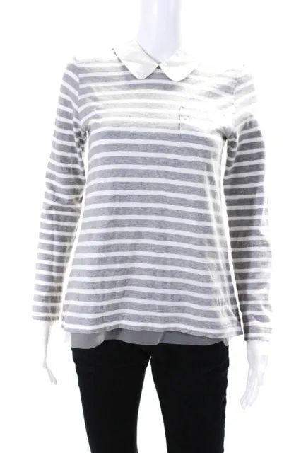 Sacai Luck Womens Satin Collar Stripe Long Sleeve Top Blouse Gray White Small