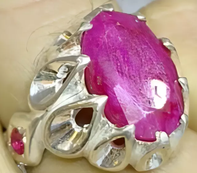 Rubí indio rosa hecho a mano en anillo de plata de ley 925 raro ياقوت هندي...