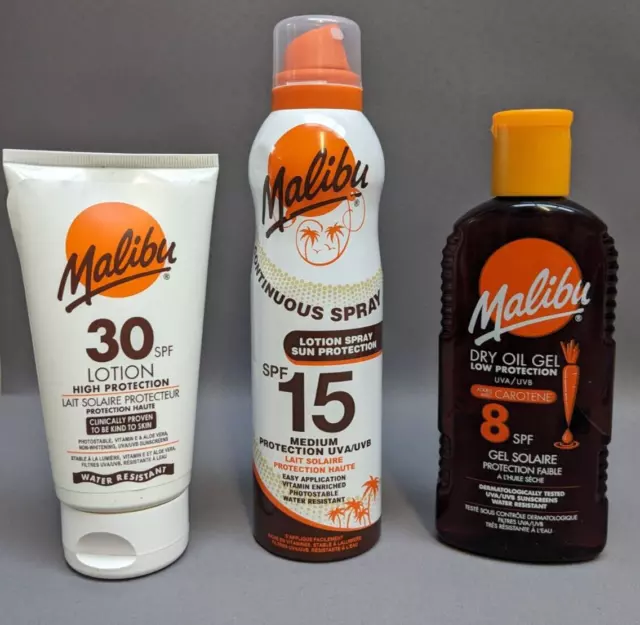 Set of 3 Malibu Lotion SPF30, Sun Spray SPF15, Dry Oil Gel SPF8 with Carotene