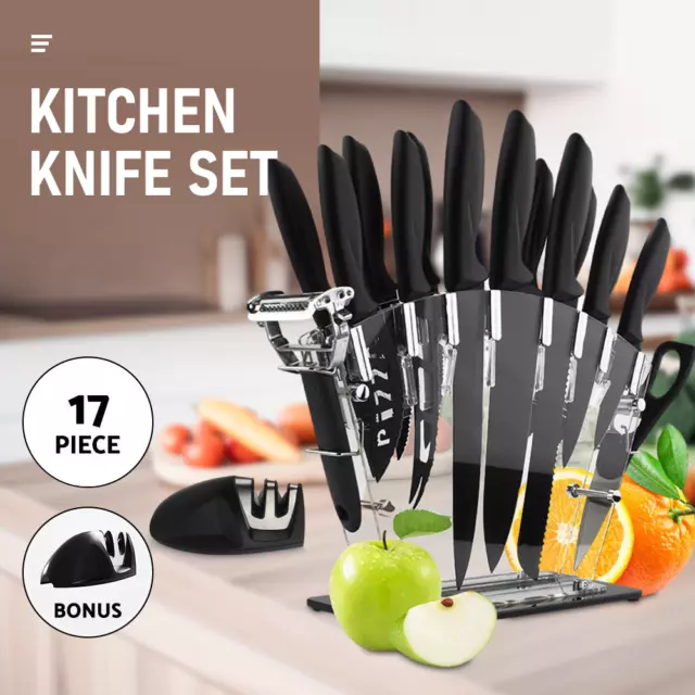 17PCS Kitchen Knife Set with Block Stainless Steel Nonstick Sharpener w/ Holder