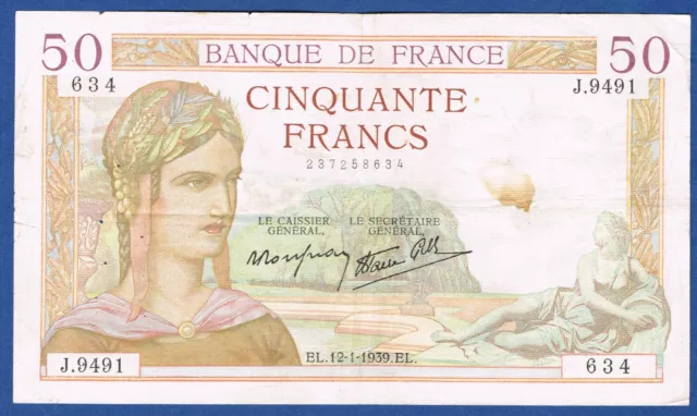 BILLET DE 50 FRANCS CÉRÈS Fayette n° 18.20 du 12-1-1939.EL en TTB n° J.9491 634