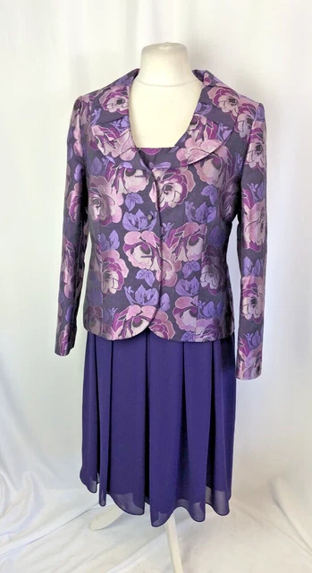 Giacca jacquard viola bagnata C bagnata C e abito stile impero taglia 14 prezzo portaoggetti £275 e1313