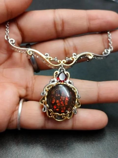 Real Round Red Ammolite Gemstone Garnet 925 Silver Gold Plated Necklace Jewelry
