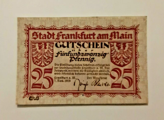 Frankfurt Am Main Notgeld 25 Pfennig 1919 Notgeldschein (11066)