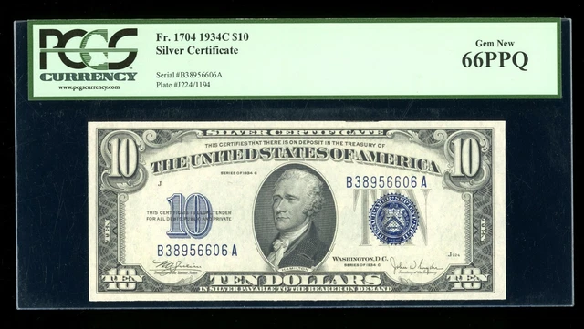 DBR 1934-C $10 Silver Fr. 1704 PCGS 66 PPQ Serial B38956606A