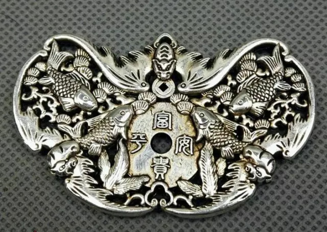 Chinese Old Antique Collection Silver Hand Carved Bat Tibetan Carp Pendant