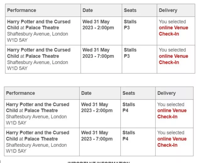 Harry Potter and the Cursed Child tickets (Stalls)  - 31st May - Both Parts 