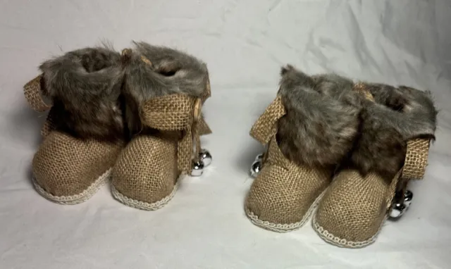 Brand New Holiday Decorative Burlap Bootie 4 Ornaments Christmas Holiday Bells 3