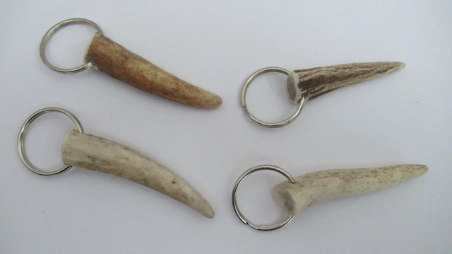 FOUR RED DEER  STAG ANTLER KEY RINGS  3 ins - 2 1/2 ins long
