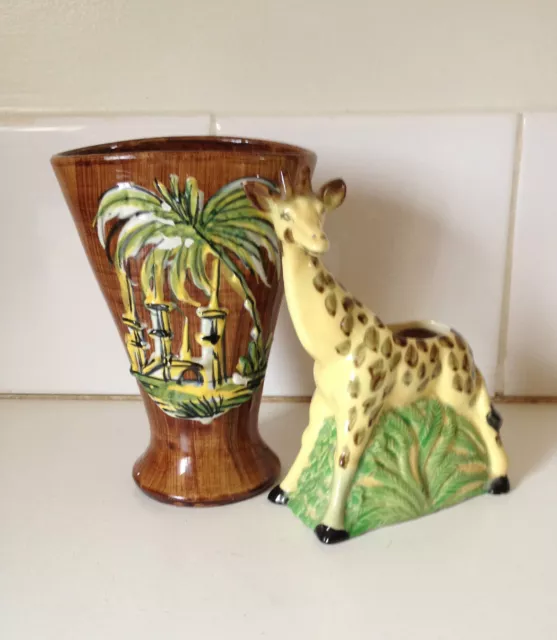 Vintage Italy 2 Vases Ceramic Pottery Majolica Palm & Giraffe 1950 Retro Saffari