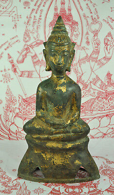 Antique Phra Chai Ngang King Emperor Thai Gilt Gold Bronze Buddha Figure Statue