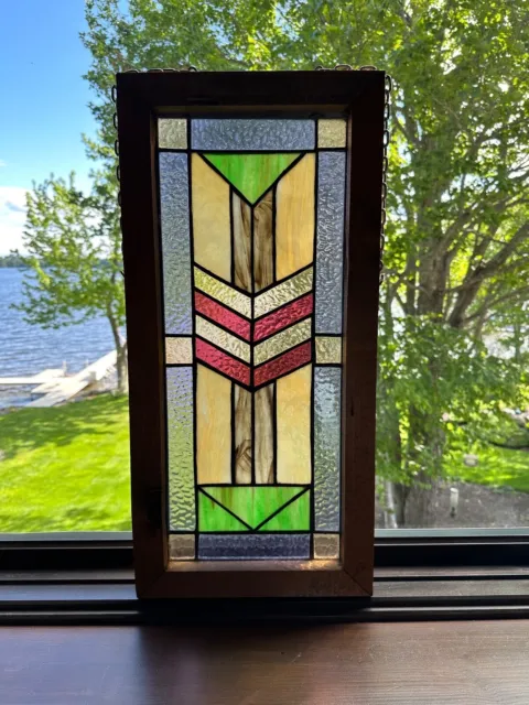 Chevron Design - Restored and Framed Stained Glass Panel - 12" x 25"
