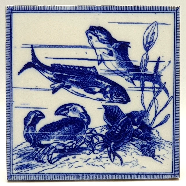 Aesthetic Transfer-Printed Tile Minton, Hollins & Company Fish Motif C1880 AE14