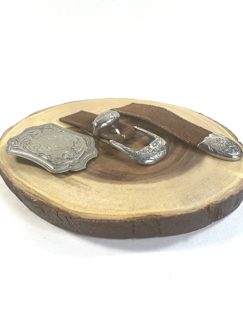 Vintage Silver Tone Etched Metal Western Belt buckle Set w/ Replacement pieces