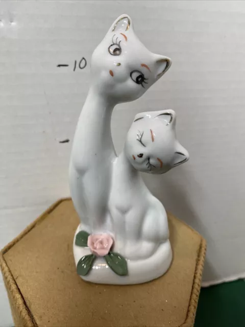 Vintage MCM Pair Long Neck Cat/kitten Rose Ornament Kitsch Retro