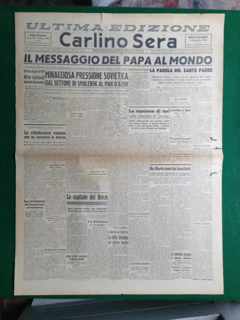 Carlino Sera 1/9/1943 , Il Messaggio Del Papa Al Mondo