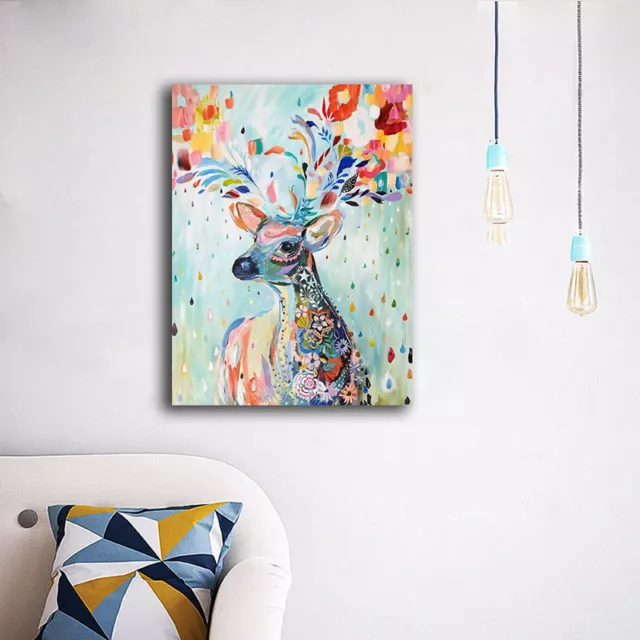 Colorful Deer Flower Stretched Canvas Print Framed Wall Art Home Decor Painting