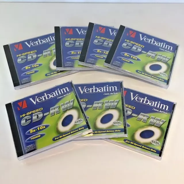 7x Verbatim Data Life Plus CD-RW Alta Velocidad 8x-10x 700 MB Blanco Reescribible Sellado