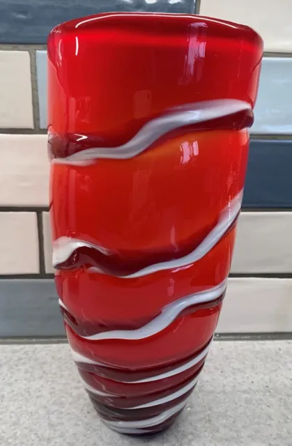 RED & WHITE SWIRL HEAVY ART GLASS VASE POSSIBLY MURANO PERFECT 30 cm TALL