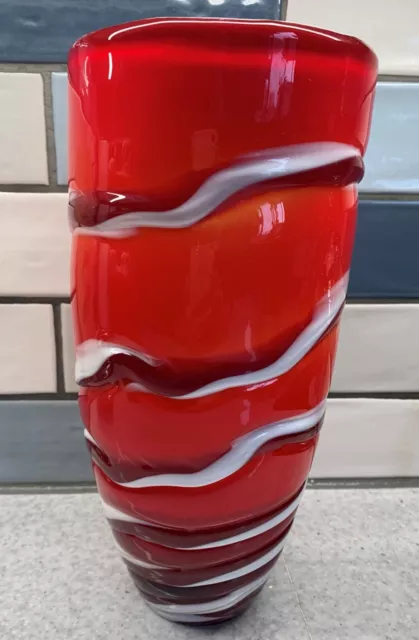 RED & WHITE SWIRL HEAVY ART GLASS VASE POSSIBLY MURANO PERFECT 30 cm TALL