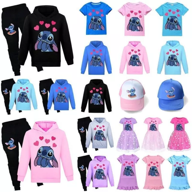 New Lilo and Stitch Kids T-shirt Hoodie Joggers Pants Tracksuit Set Girls Dress
