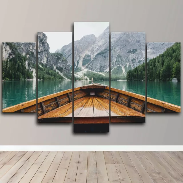 Mountain Nature Lake Boat View Beauty 5 Piece Canvas Wall Art Print Home Decor