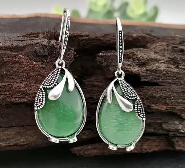 Vintage Style Emerald Green Cat Eye  Stone Leaf Design Dangle Earrings UK