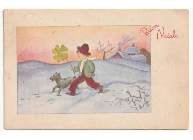 Buon Natale neve paesaggio bambino quadrifoglio cane cartolina augurale d'epoca