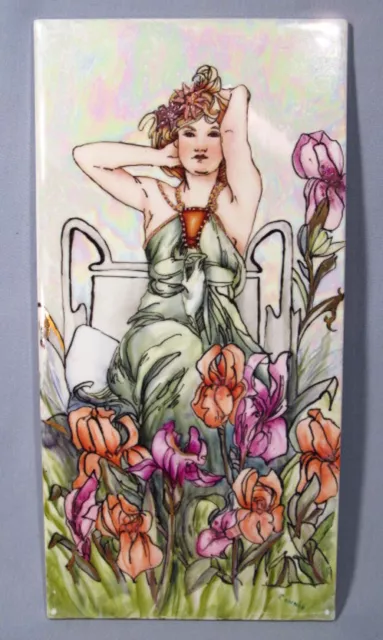 Hand Painted Signed Art Nouveau 12" Ceramic Porcelain Lady w/ Iris Flowers Tile
