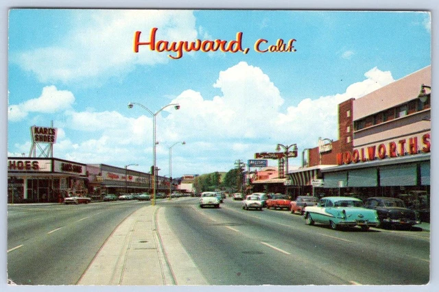1950-60's HAYWARD CALFORNIA CA CLASSIC CARS WOOLWORTH'S KARL'S SHOES POSTCARD