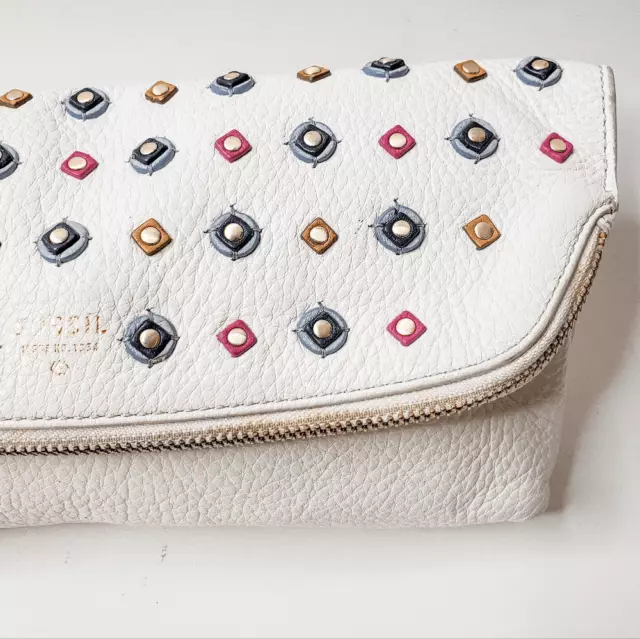 RARE Fossil White Embossed Embellished Beaded Preston Foldover Wristlet Pouch 3