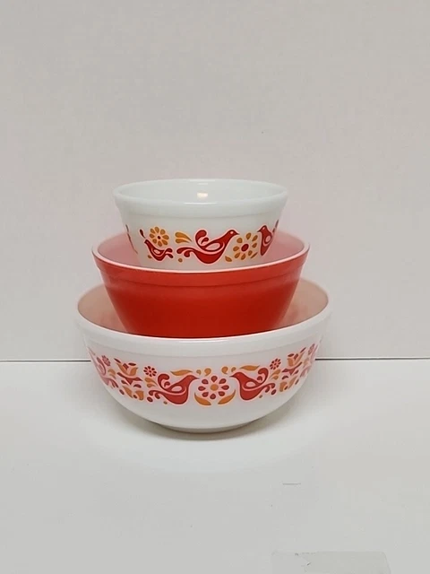 Vintage Pyrex Friendship Mixing Bowl Set of 3 Orange Red Bird Floral 401 402 403