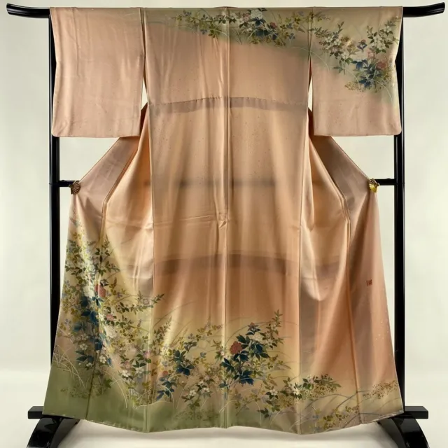 Japanese kimono  "HOUMONGI", Sign, Gold leaf, Plants, Shading, L5' 5"..3213