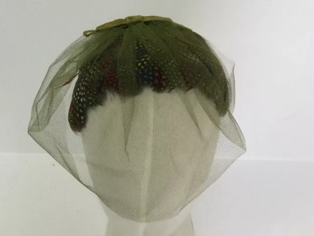 vintage 50s Multi-Color Feather Hat W Netting Vail