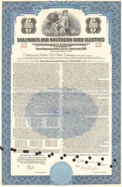 Columbus and Southern Ohio Electric Company Ohio AEP 1981 bond certificate