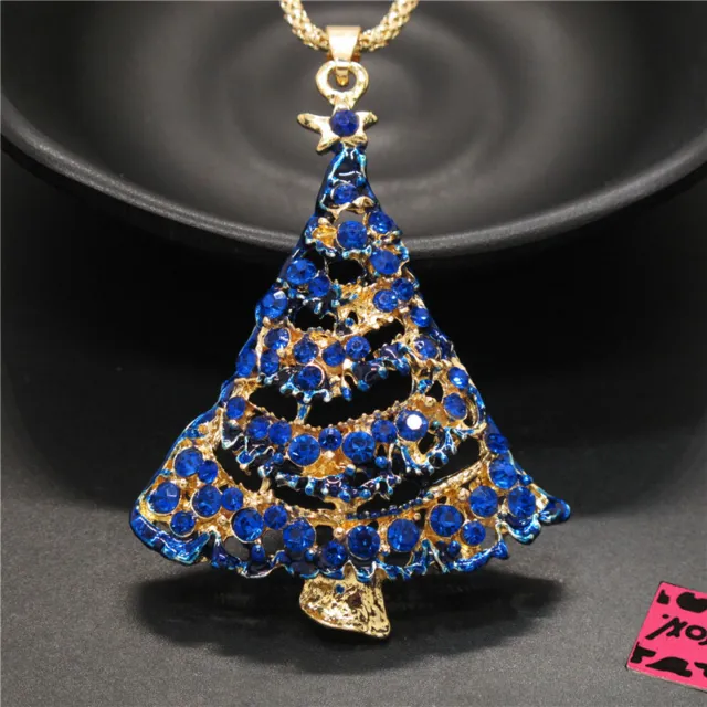New Fashion Women Blue Bling Cute Christmas Tree Crystal Pendant Lady Necklace