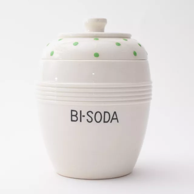 Vintage Kirkham Pottery Bi Soda Storage Jar Green Polka Dots Retro Ceramic 1950s