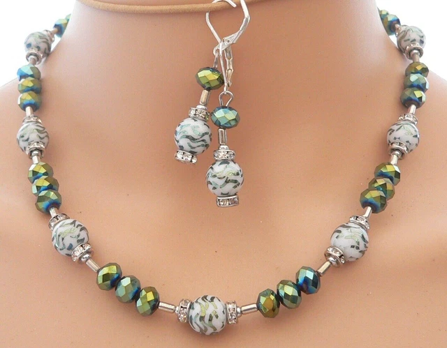 2er Set Halskette Collier Ohrringe Perlen Glas weiß petrolgrün Strass 156g
