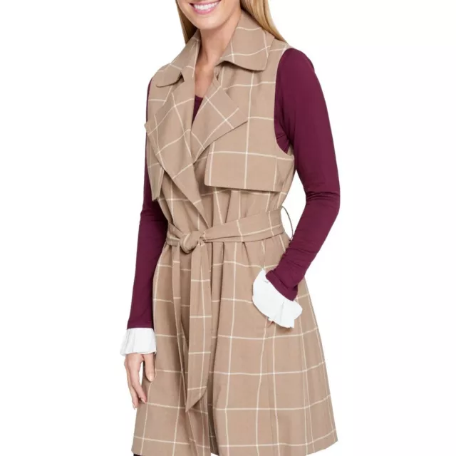 TOMMY HILFIGER NEW Women's Beige Fall Windowpane Belted Vest Jacket Top XL TEDO