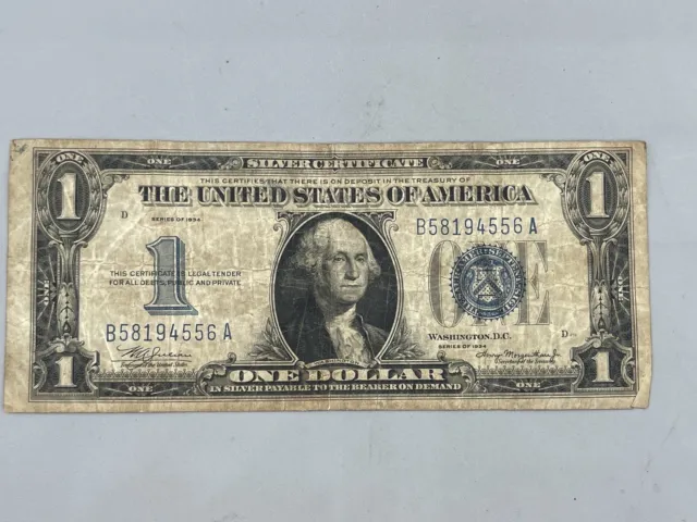 1934 1 One Dollar Silver Certificate Funny Back Blue Seal Serial # B58194556A