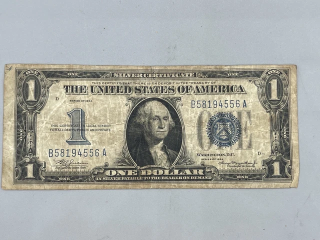 1934 1 One Dollar Silver Certificate Funny Back Blue Seal Serial # B58194556A