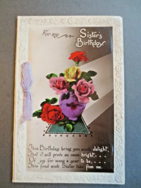 Vintage Birthday Greetings Card Sister Embossed Postcard Style Bright Roses