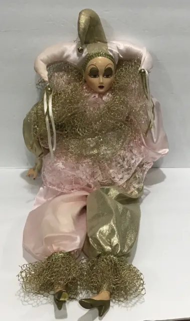 Vintage Porcelain Musical Venice Michelle Pink Gold Clown Wind Up Bradley Import