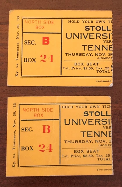 Nov 30, 1933 Kentucky Wildcats Vs Tennessee Stoll Field McLean Stadium Tickets 2
