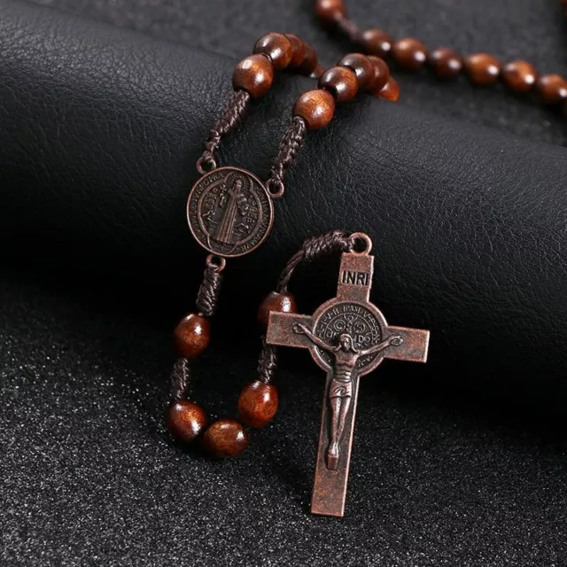 Wooden Beads 8mm Rosary Bead Cross Pendant Woven Rope Chain Necklace Religious#h