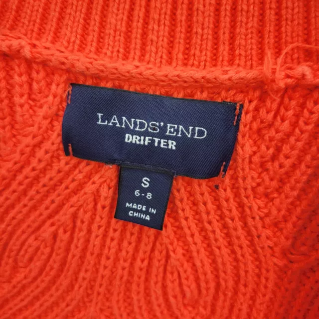 Lands End Drifter Cardigan Sweater Womens Small Orange Cable Knit Open Front 3