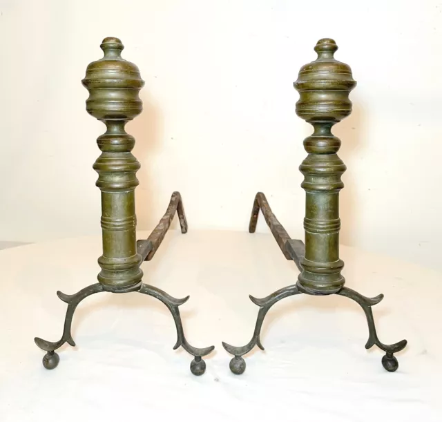 pair of turned 18th century peened brass wrought iron Georgian andirons 1700's